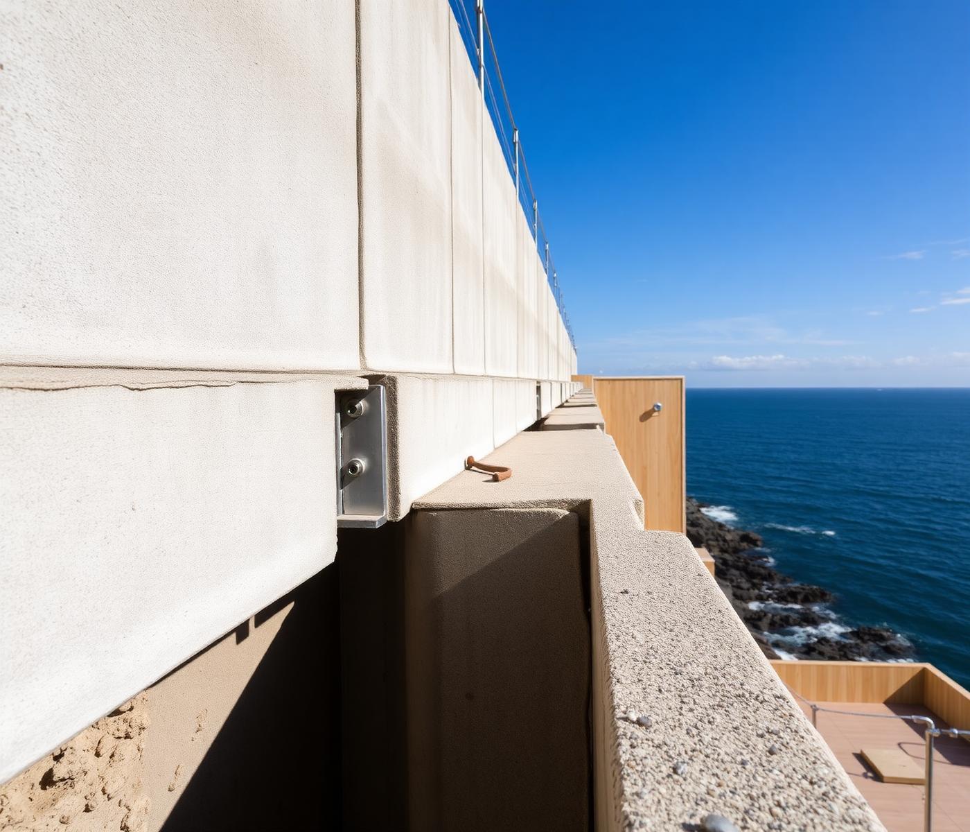 Detalhe construtivo de residência litorânea — concreto aparente, madeira clara e estrutura tratada contra a maresia
