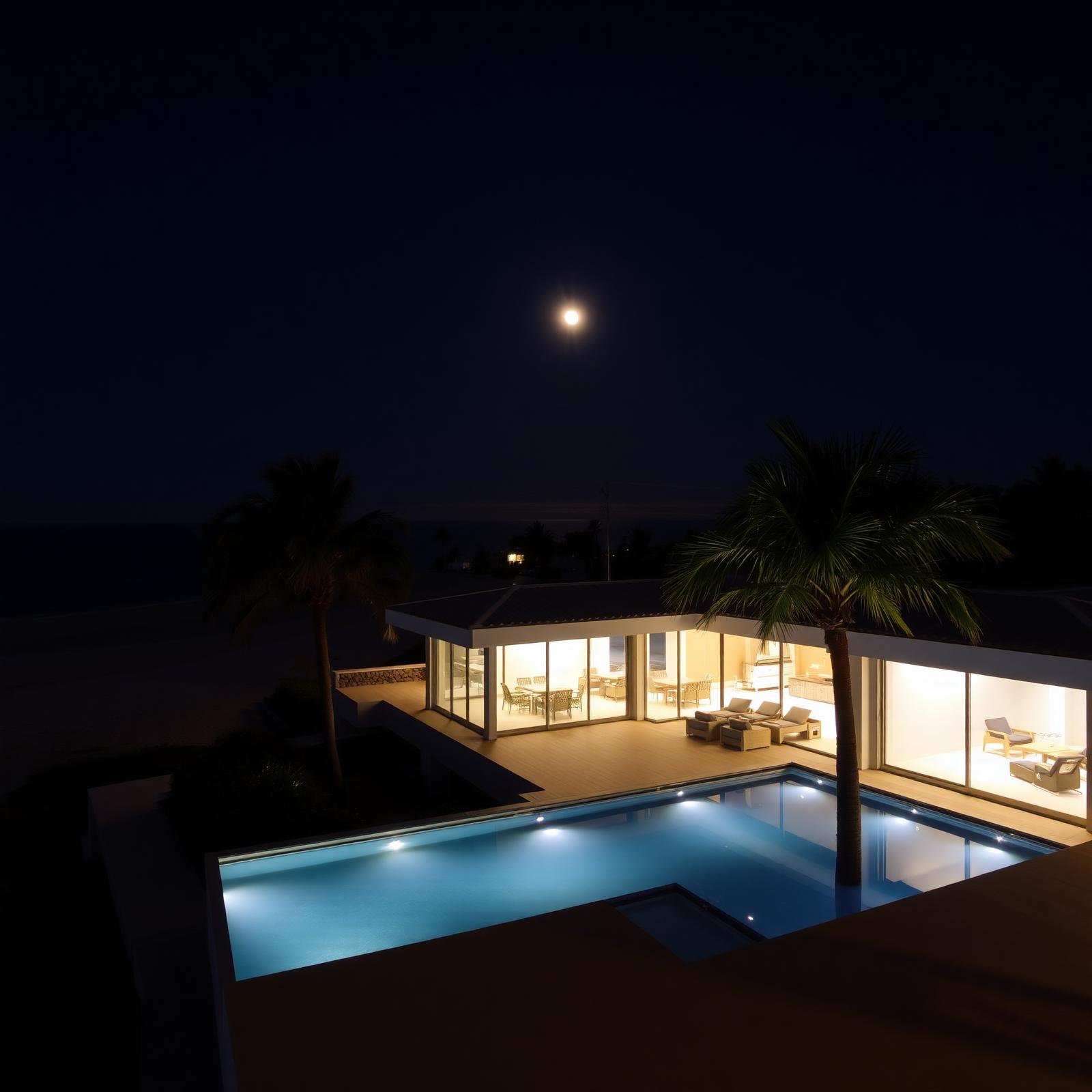 Fachada de vidro iluminada à noite, com piscina refletindo a lua e silhueta de palmeiras