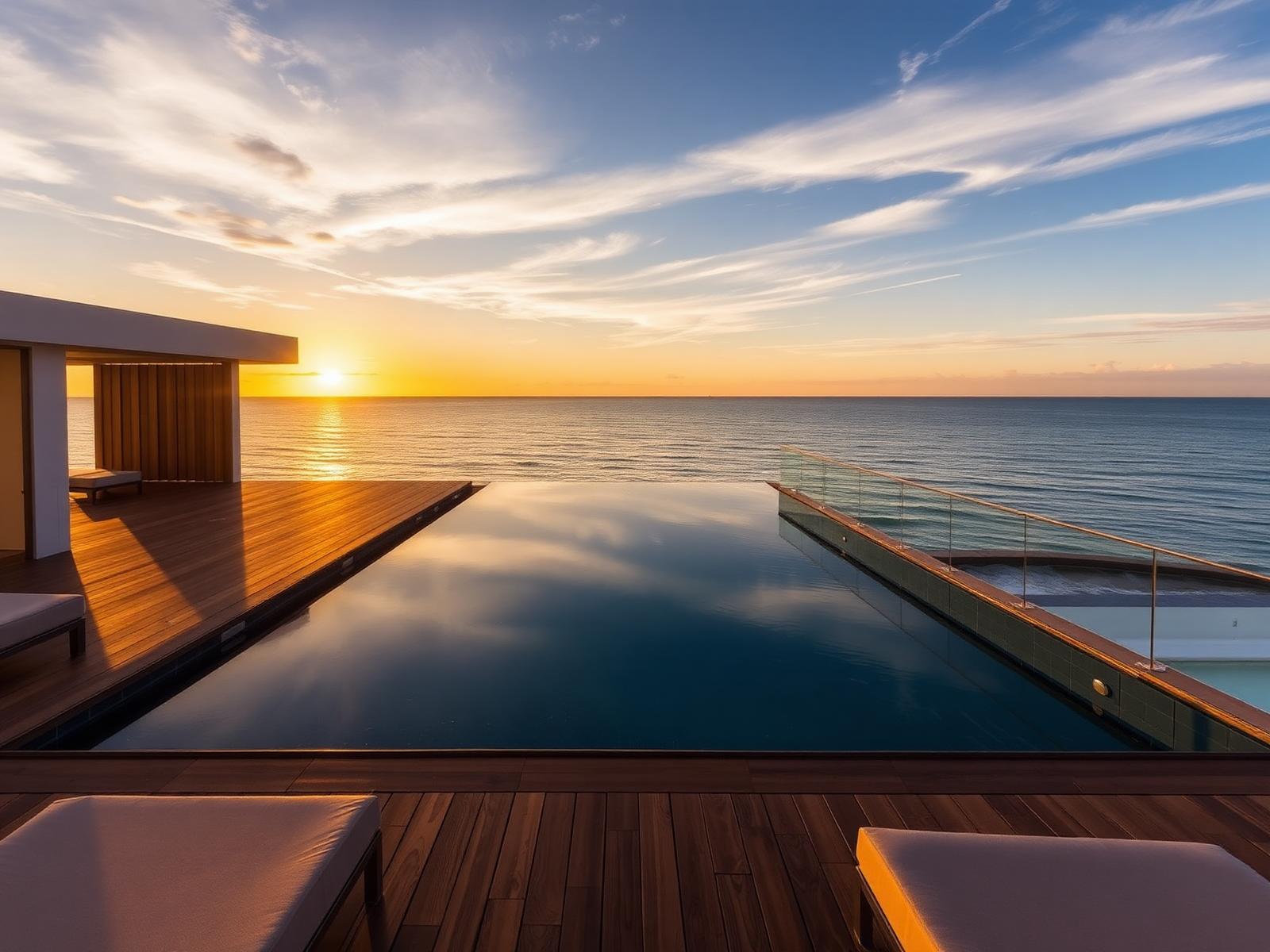 Piscina de borda infinita fundindo-se com o horizonte do oceano ao entardecer