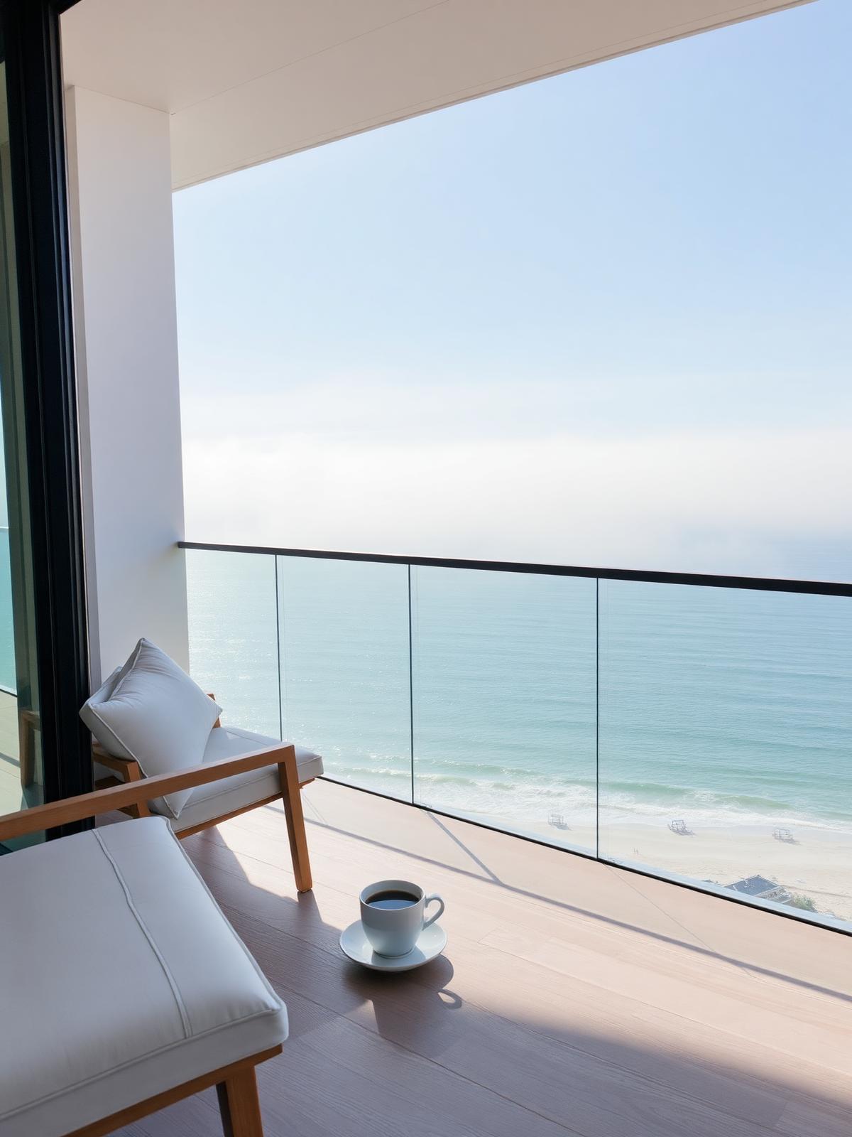Café da manhã em varanda de madeira clara com vista para a praia