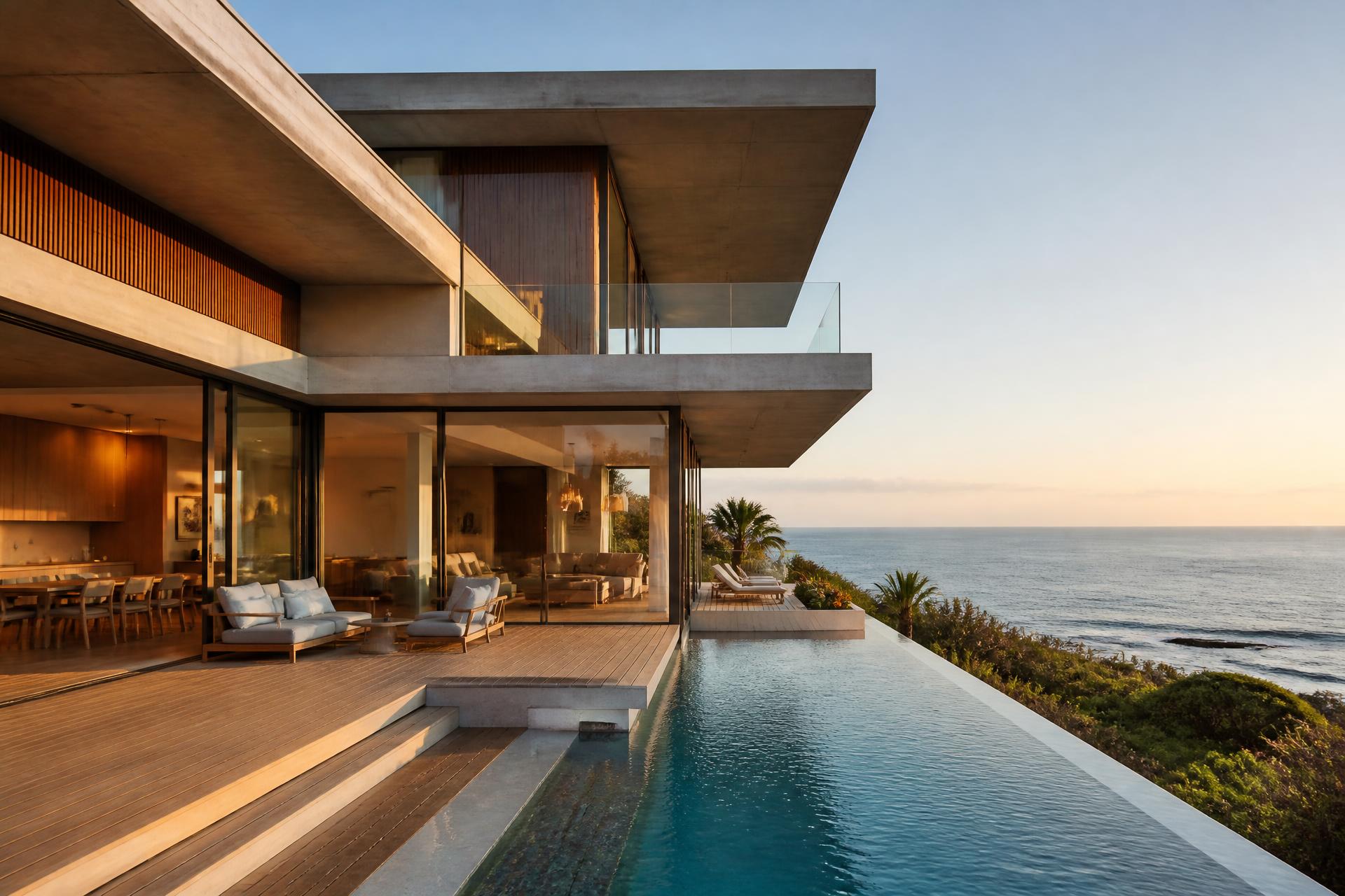 Residência contemporânea à beira-mar com grandes panos de vidro, deck e piscina infinita ao entardecer